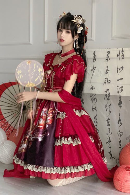 Elegant High Waist Lolita Dress - Ruffled Short Sleeve, Print