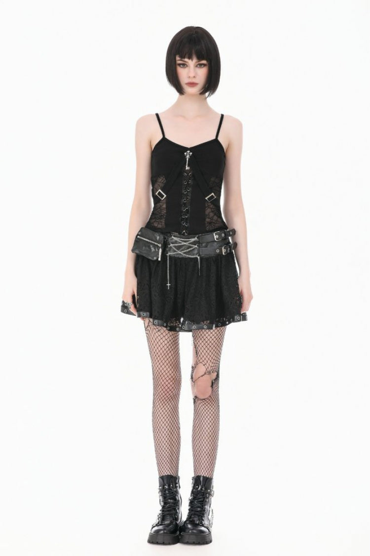 Gothic Mini Skirt with Chain Eyelet Buckled Straps Lace