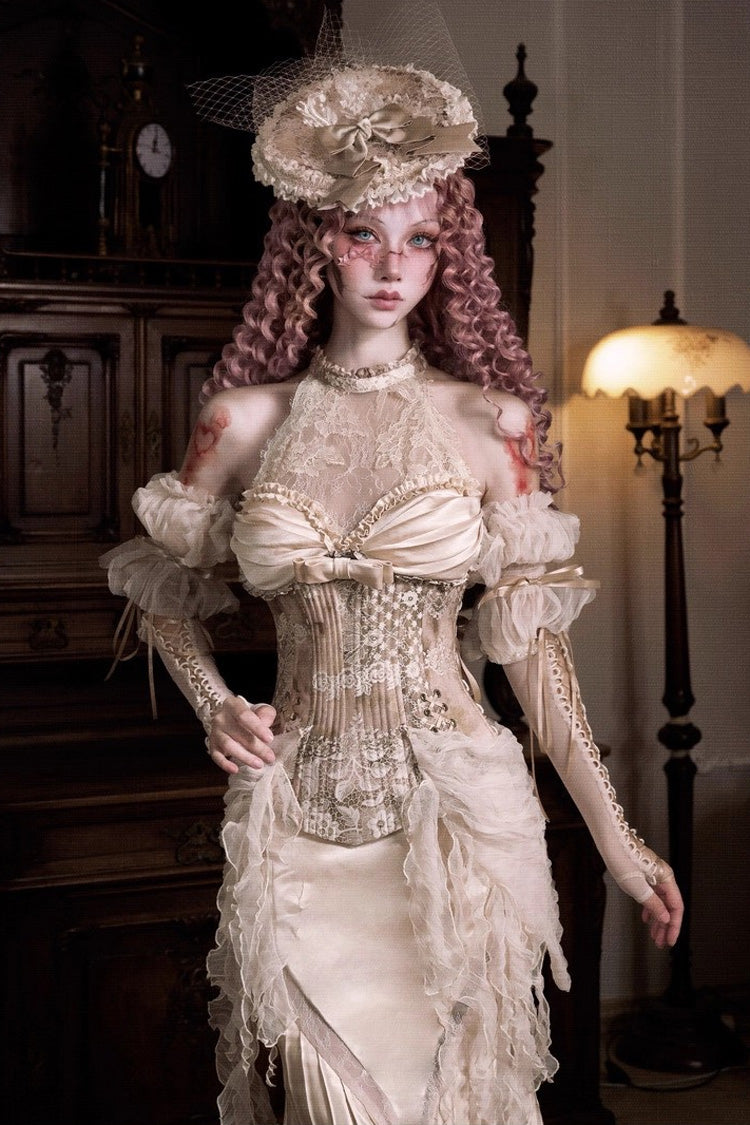 Golden Halterneck Embroidered Gothic Top and Skirt Dress Set - Cupid’s Poetry Box