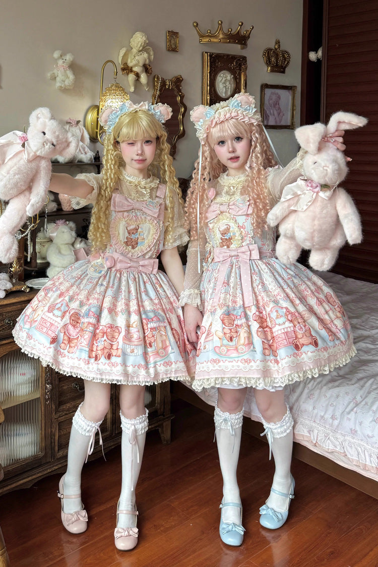 Bear Anniversary Celebration Sleeveless Printed Ruffled Bow Sweet Lolita Jumper Dress Two Colors