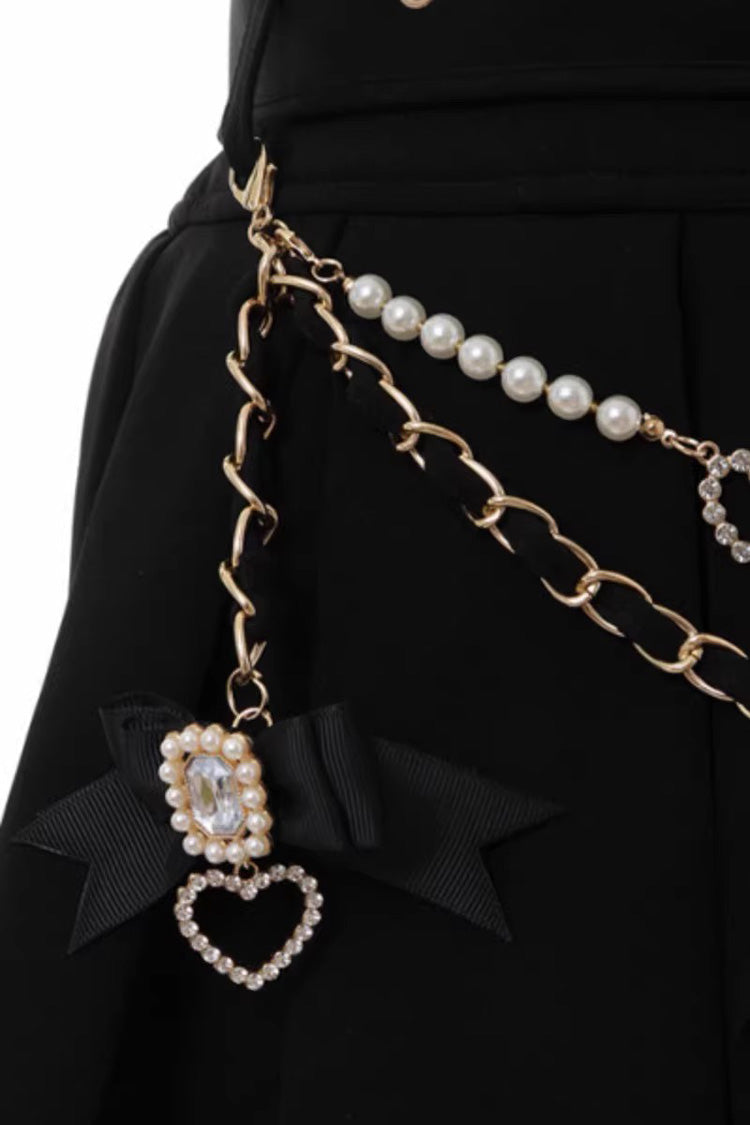 Pretty Heart-Belt Printed Ruffled Pearl and Chain Decorated Plus-Size Pleated Skirt