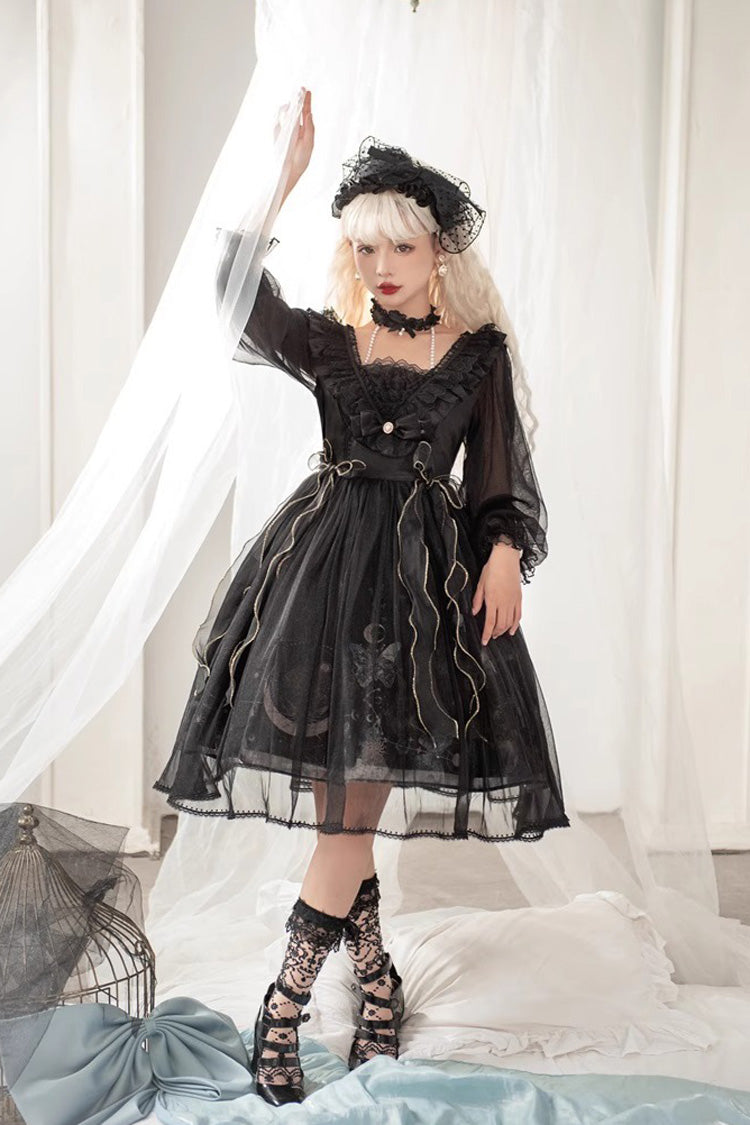 Black Planet Butterfly Printed Gothic Lolita Dress - High-Waisted Ruffled Lace