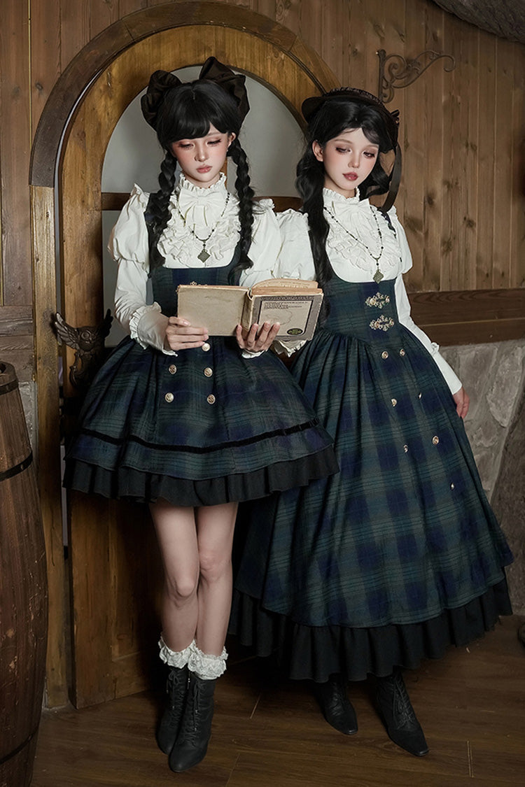 Blue Green Berlin Letter Double-Layered Plaid Print Ruffle Bowknot Classic College Style Lolita Strap Dress Set