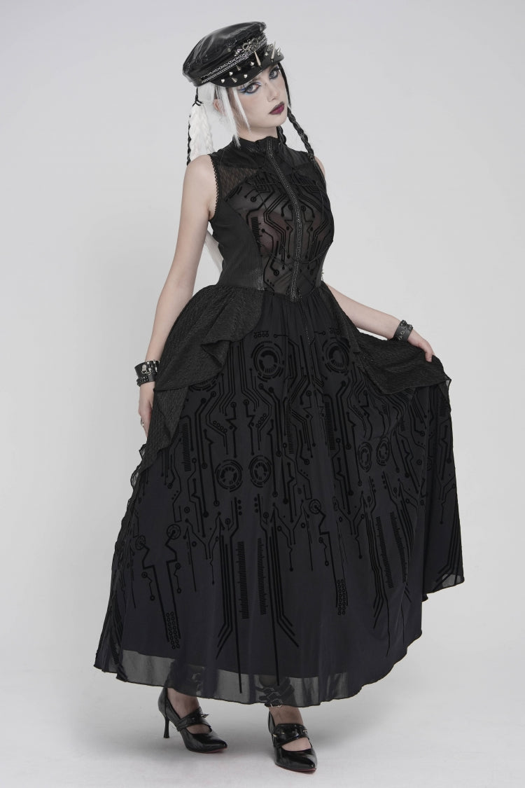 Stand Collar Sleeveless Multi-Layered Printed Sheer Punk Elegant Gorgeous Dress