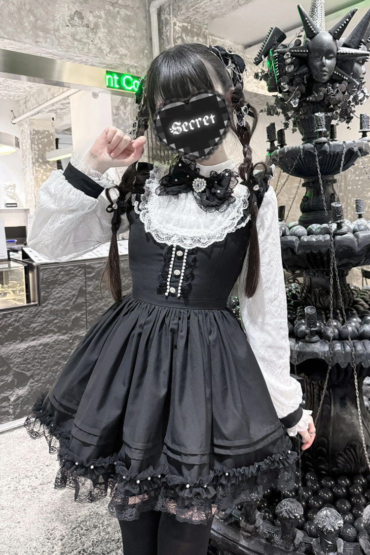 Black/White Thorn Doll Long Sleeves Ruffled Bow Pearl-Decorated Gothic Jirai Kei Gown
