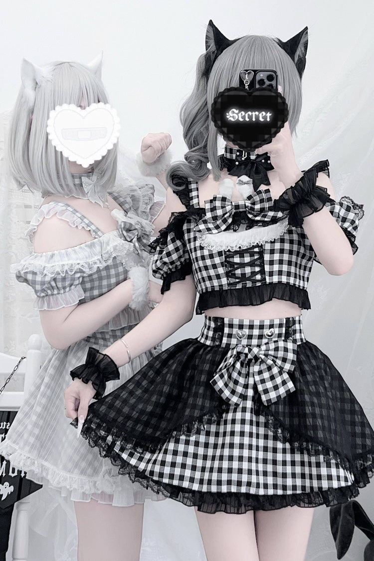 Jirai Kei Skirt Set with Plaid Print and Lace-Up Front - Night Rabbit Dream, Short Sleeves