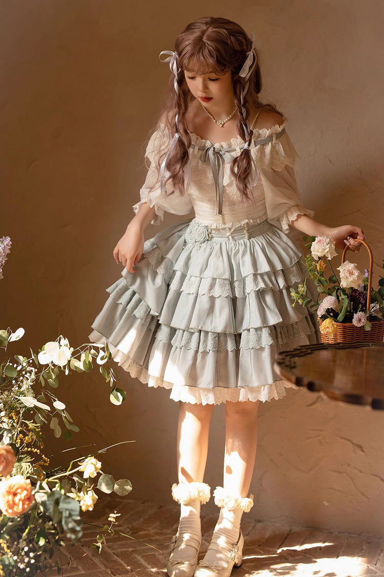 White/Blue Floral Ruffle Lolita Skirt Set - Sweet Lolita