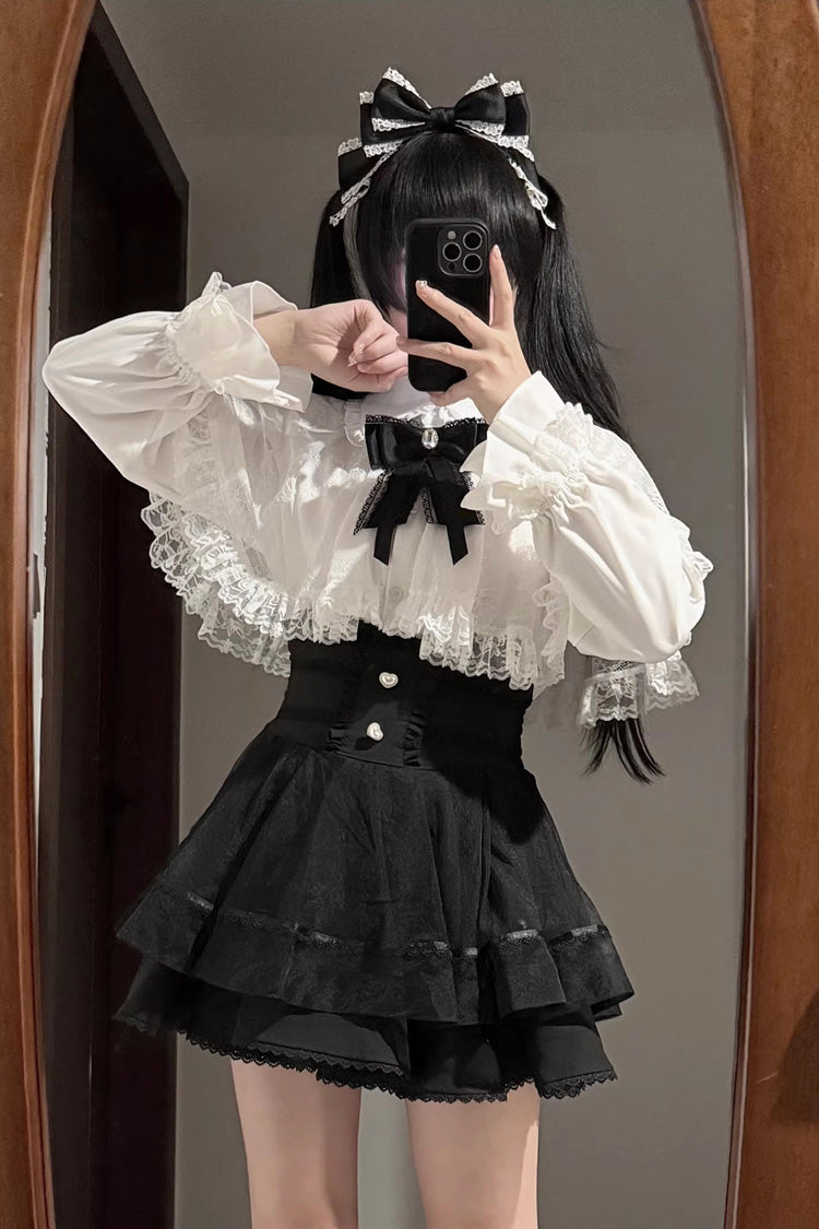 [Law of Disorder] Lapel Collar Long Sleeves Bow Lace Sweet Jirai Kei Skirt and Top 3 Colors
