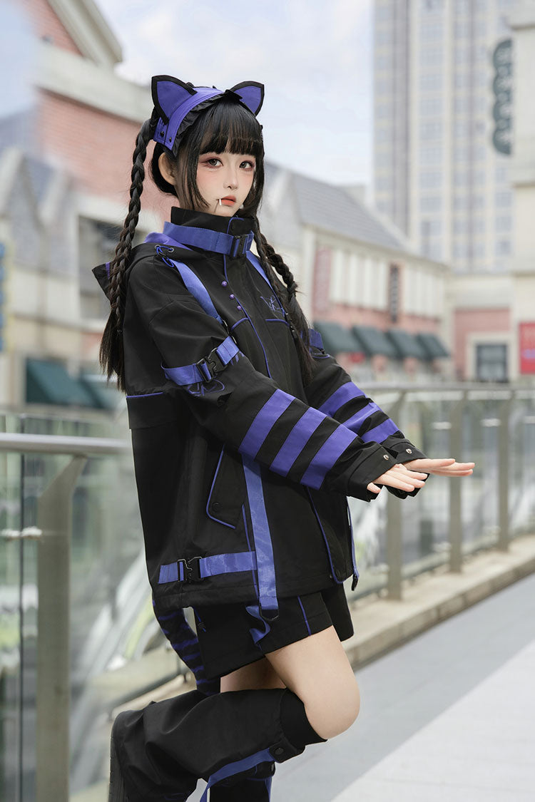 Blue/Black Long Sleeve Cat Ear Hooded Jirai Kei Coat