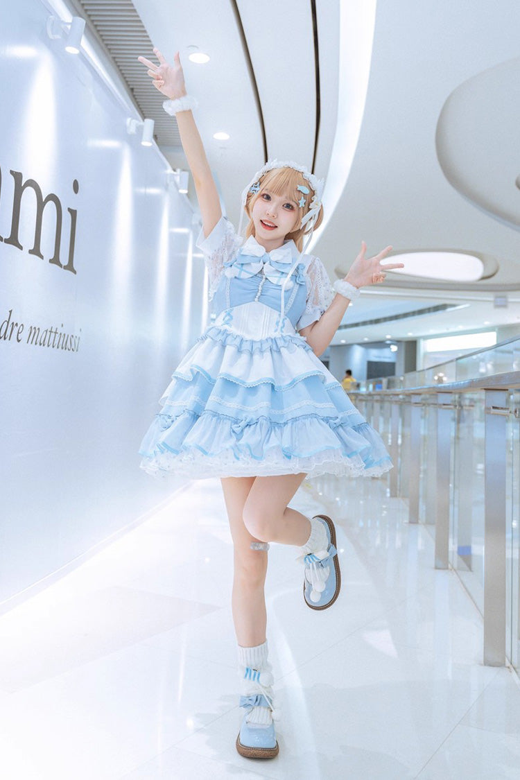 Blue/White Cotton Cloud Lapel Collar Ruffle Ribbon Lace-Up Girly Lolita JSK Dress