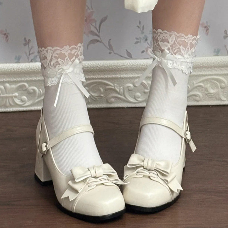 Ribbon Square-Toe Preppy Girly Lolita Heels - 3 Colors