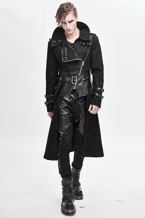 Printed Belted Long Punk Coat with Open Collar