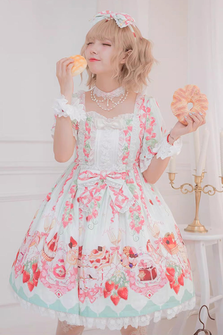 Short-Sleeve Ruffled Bow Sweet Dress with Print - Strawberry Feast