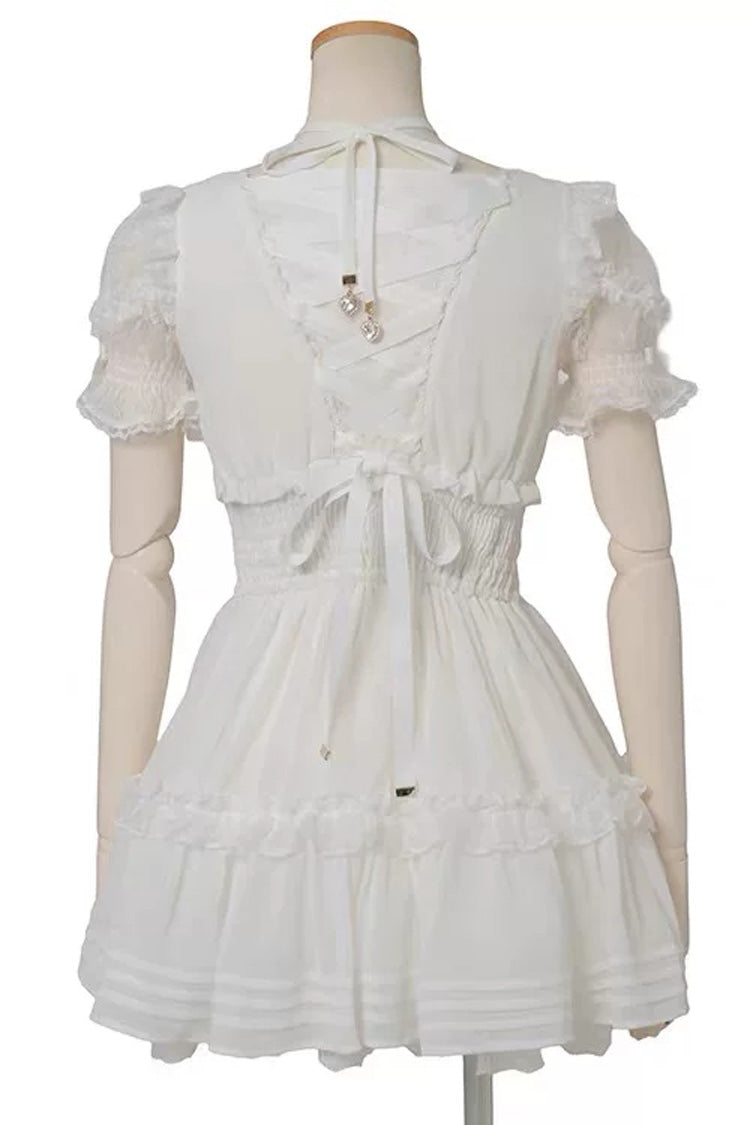 Ruffled Lace-Up Bow Print Long Sleeve Jirai Dress Set with Triple Layers