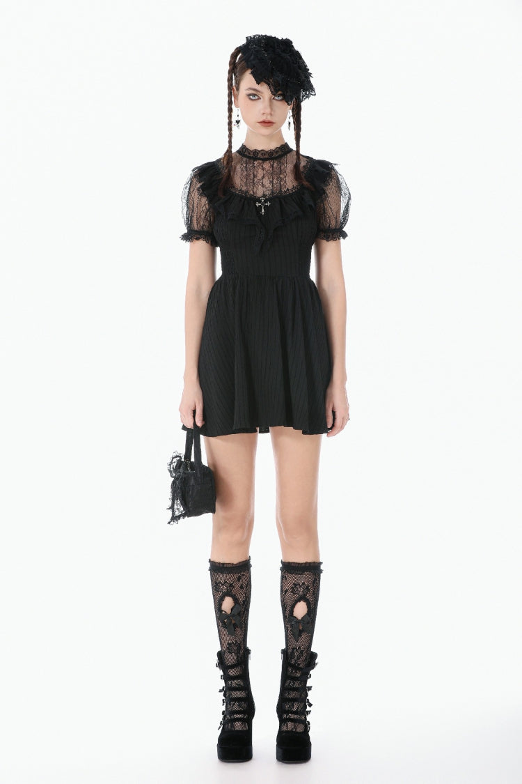 Cross Ruffled Short Sleeve Gothic Graduation Dress for Women Lace