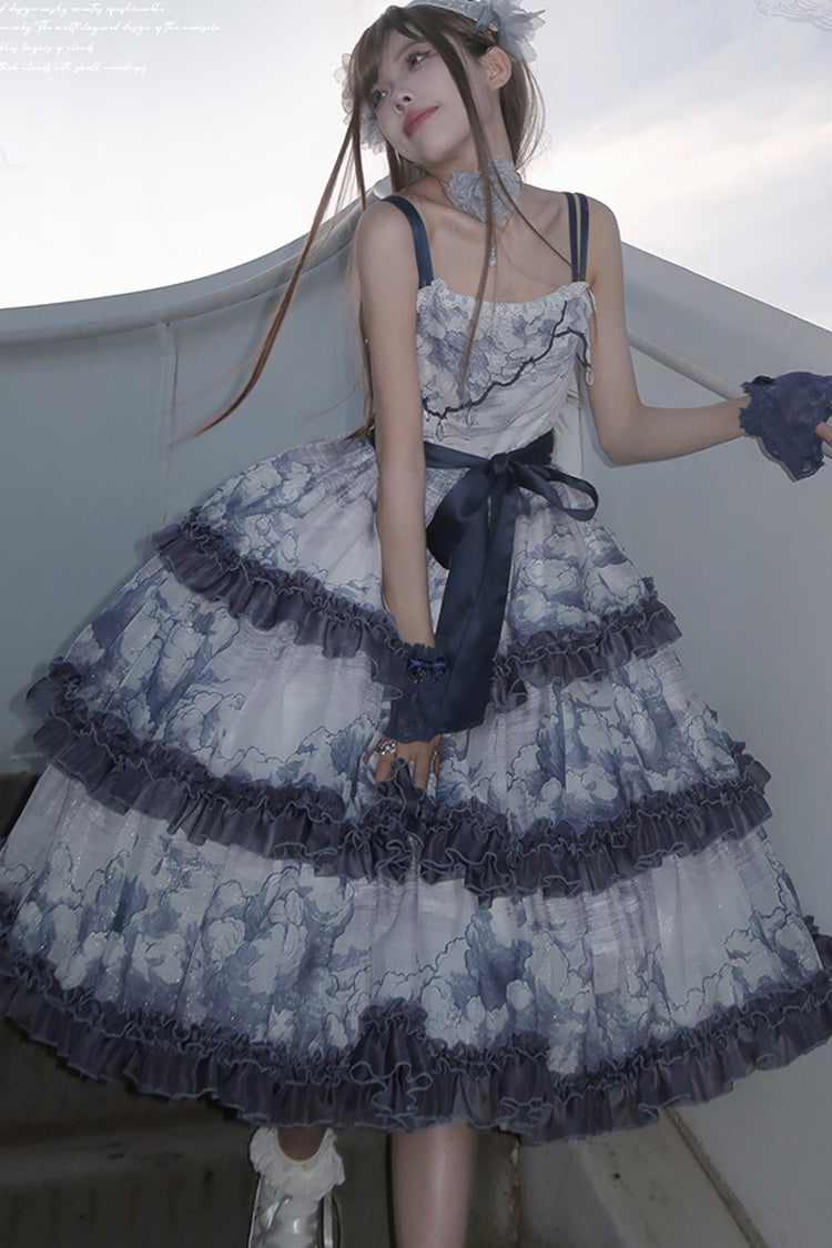 Multi-Color Cumulonimbus Printed Sweet Lolita JSK Dress - Multi-Layer Ruffled