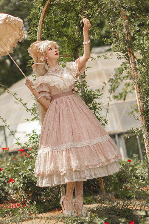 Rose Print Lolita OP Dress with Multi-Layer Ruffles, Sweet Style