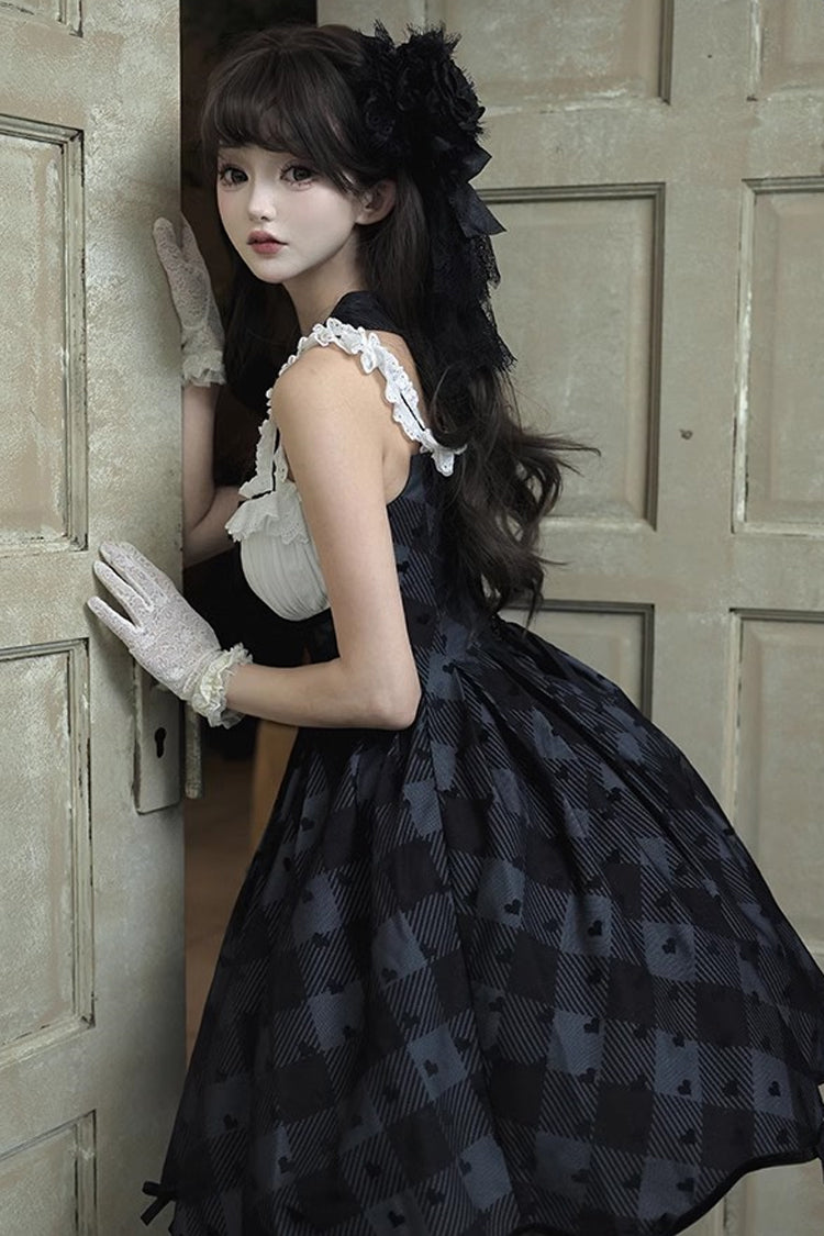 Black Short Sleeve Plaid Print Sweet Elegant Princess Dress Short - Swan