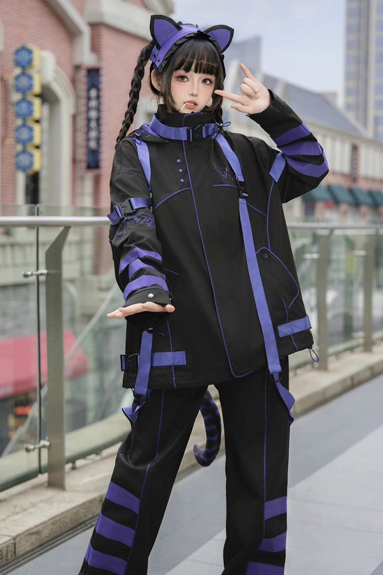 Blue/Black Long Sleeve Print Cat Ears Hooded Jirai Kei Handsome Jacket