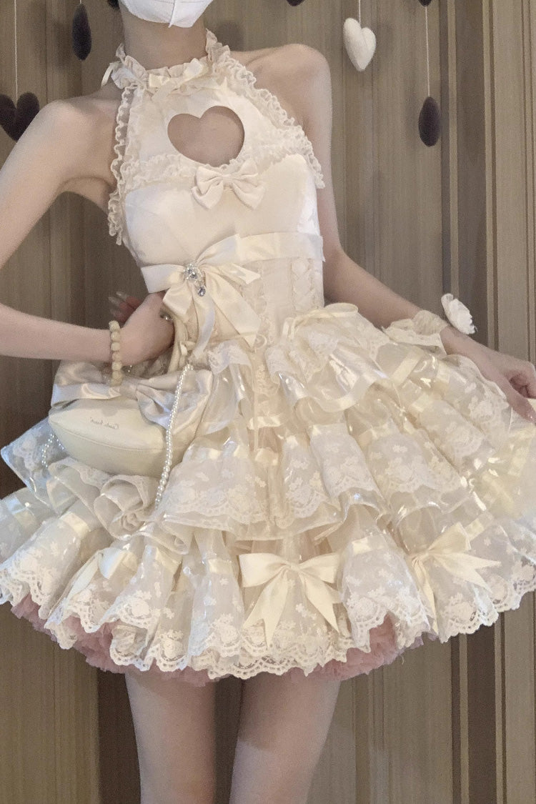 Apricot Sweet Ballet Lolita Dress with Heart Shape Hollow and Bowknot