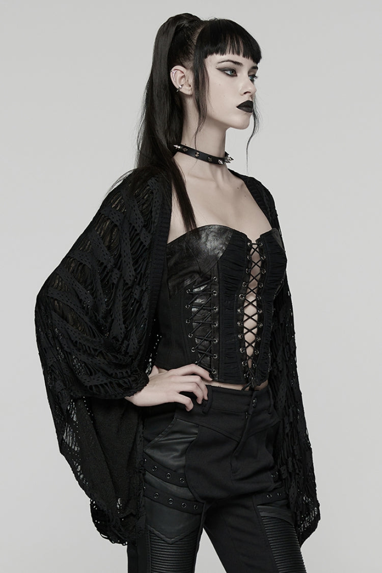 Ebony Punk Cardigan with Batwing Sleeves and Distressed Details
