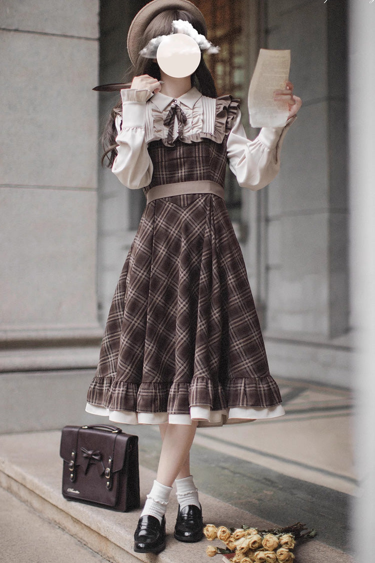 Brown Print Long Sleeve Fake Two Piece Vintage College Dress - The Thames at Dusk