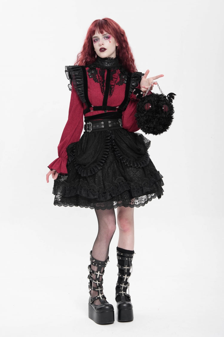 Gothic Skirt with Ruffle and Buckle Straps, Black