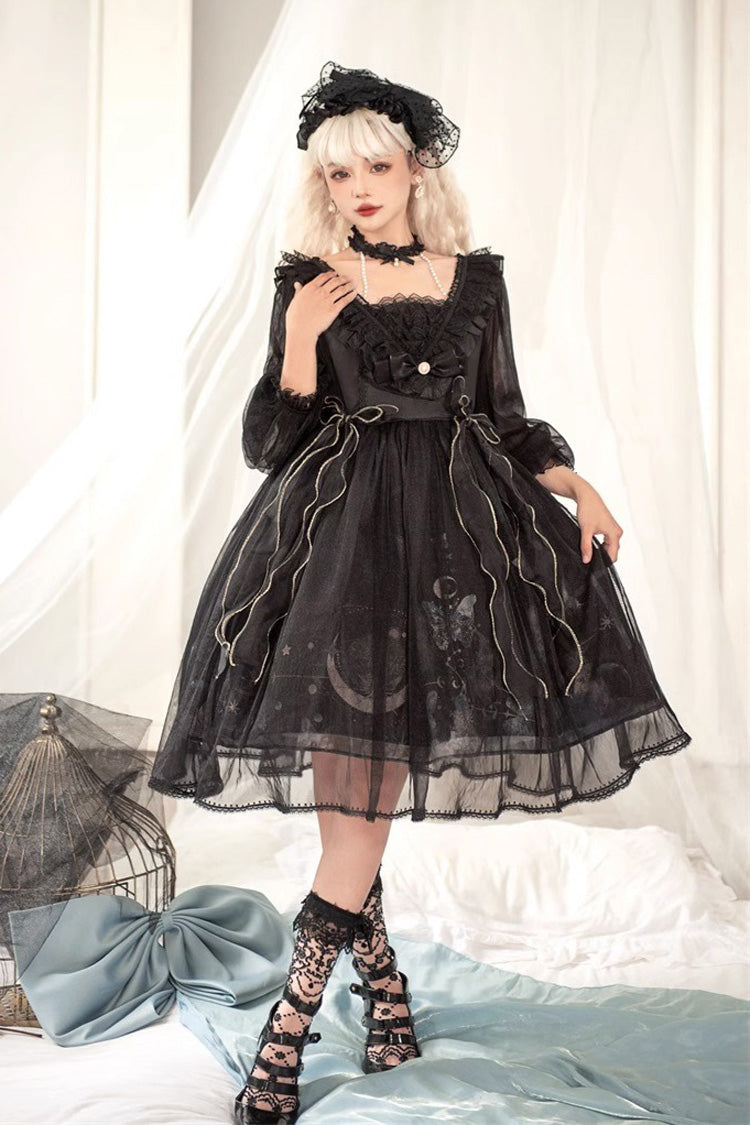 Black Planet Butterfly Printed Gothic Lolita Dress - High-Waisted Ruffled Lace