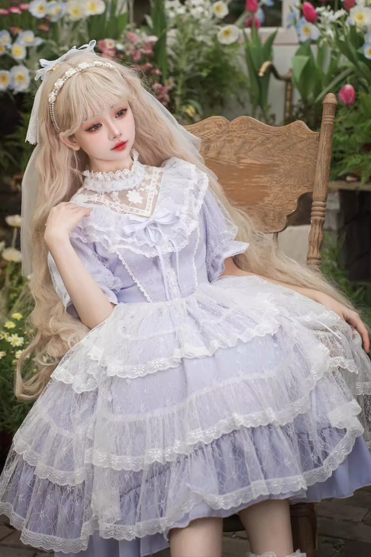 Periwinkle Iris Love Jacquard Bow-Tied Princess One-Piece