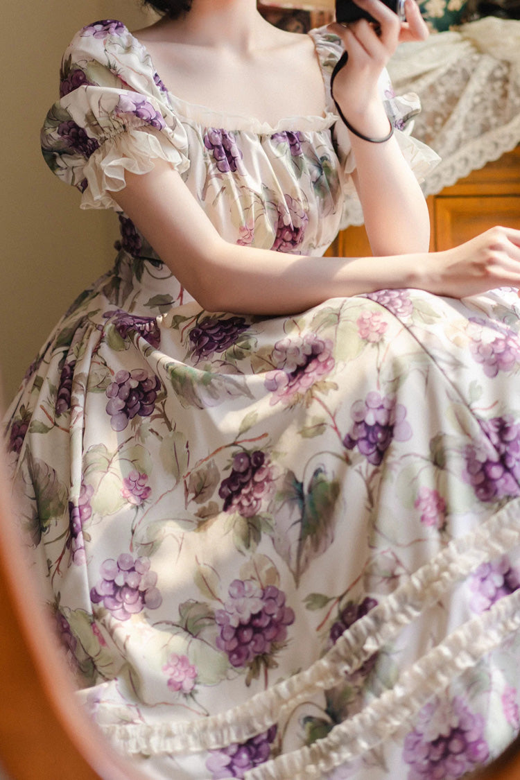 Short Sleeves Grape Printed Dress - Basket of the Forest