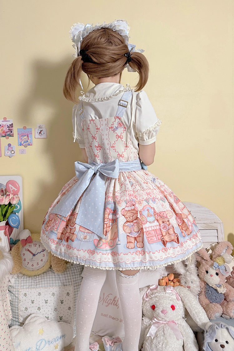 Bear Anniversary Celebration Sleeveless Printed Ruffled Bow Sweet Lolita Tank Dress Two Colors