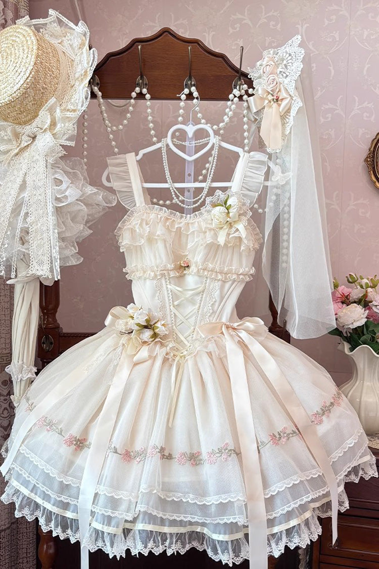 Ballet Lolita JSK Dress with Multi-Layered Ruffles and Bow - Mist Champagne, 3 Colors