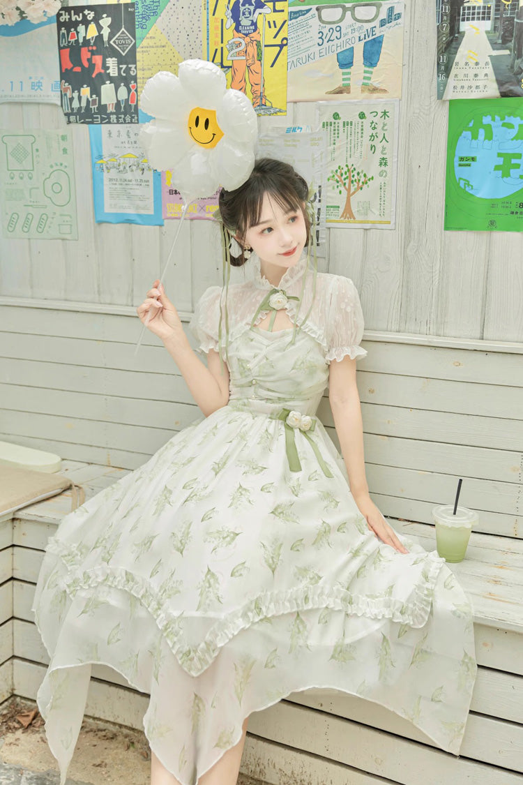 Spring Jacquard Print JSK Dress with Bowknot and Irregular Hem