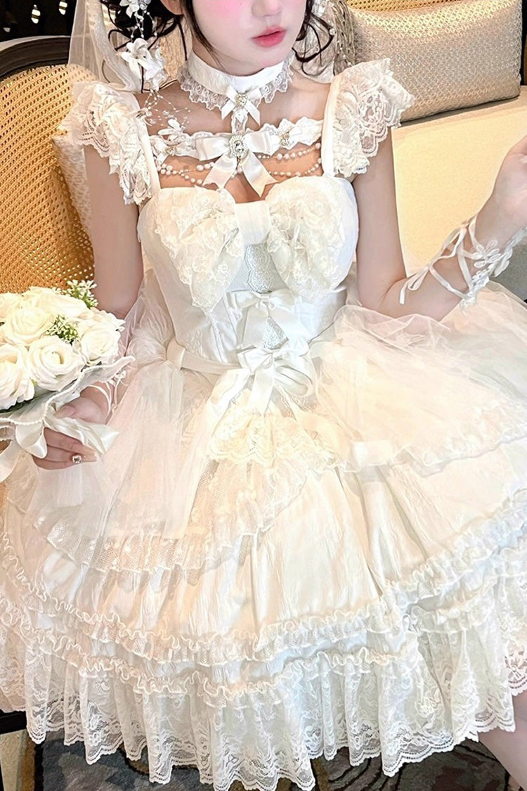 Ivory Halter Ruffle Bridal Bow Lace Gothic Dress