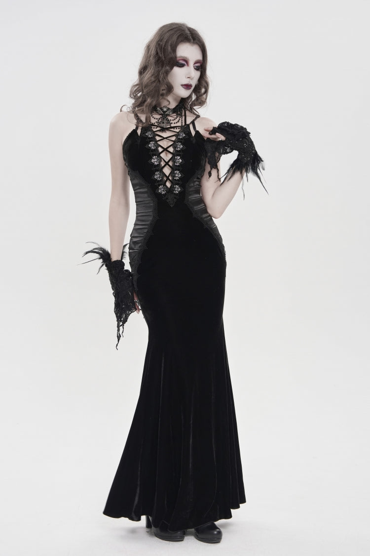 Off Shoulder Sleeveless Spliced Lace-Up Slim Pleated Gothic Jsk Dress