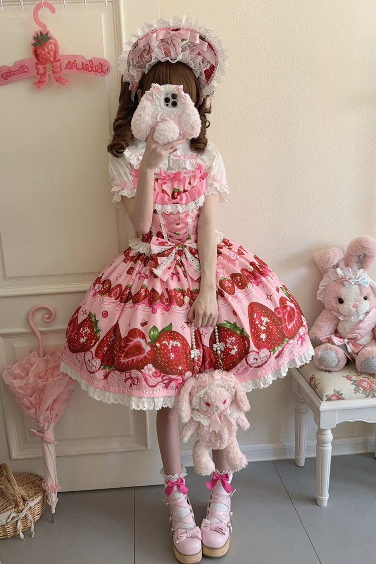 Strawberry Print Ruffled Bow Lace Sweet Lolita JSK
