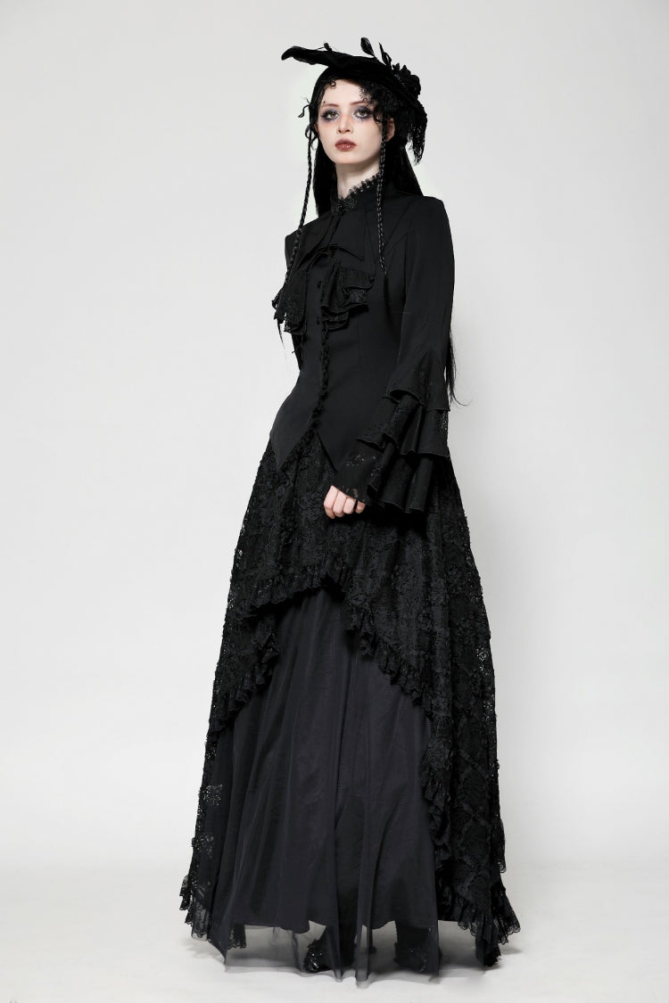 Multi-Layered Ruffled Stand Collar Long Flared Sleeve Gothic Blouse for Women Lace