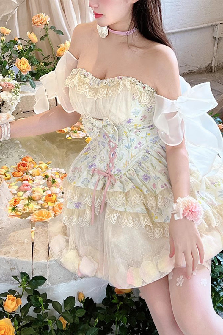 Cream Flower Story Tulip Print Bow Lace Sweet Lolita Skirt