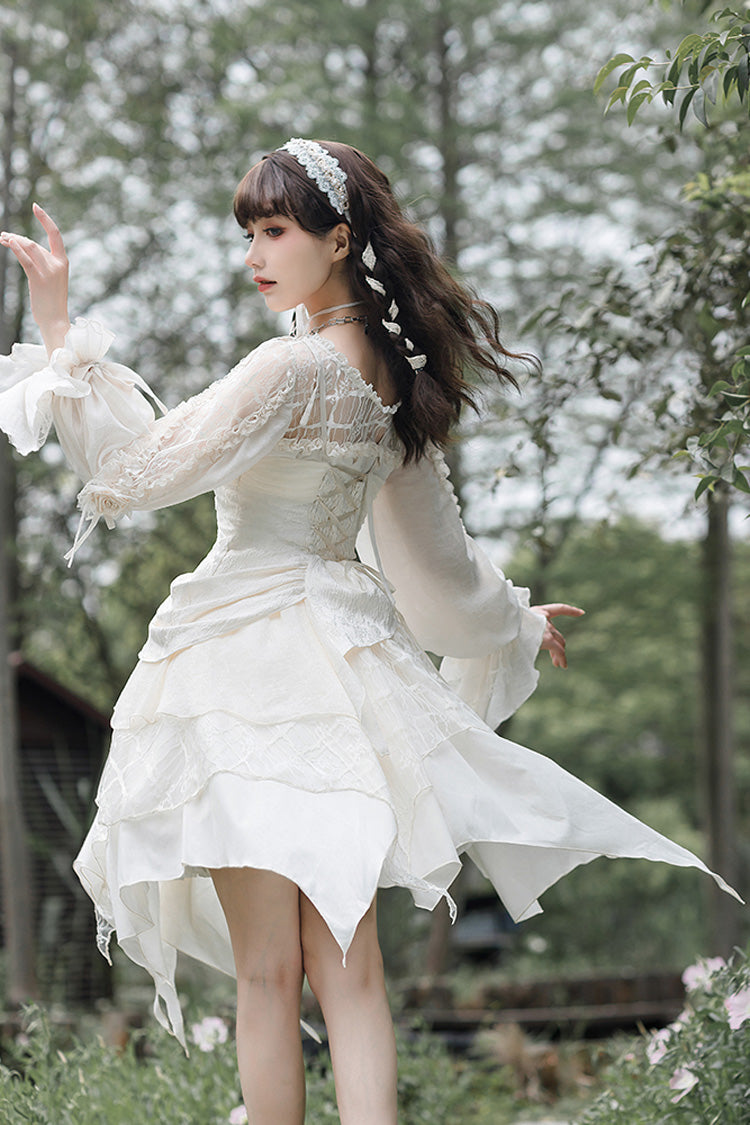 White Layered Bow Elegant Asymmetric Princess Lolita Dress