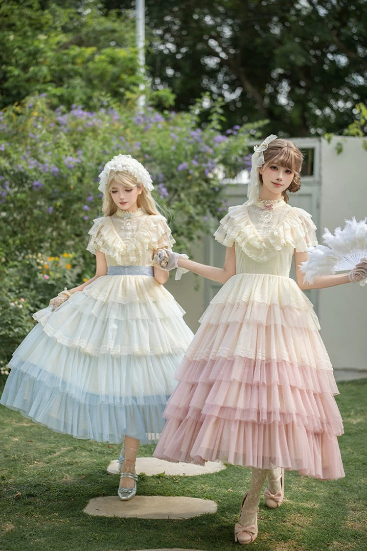 Sweet Lolita Dress with Edwardian Collar and Ombre Ruffles - Blue