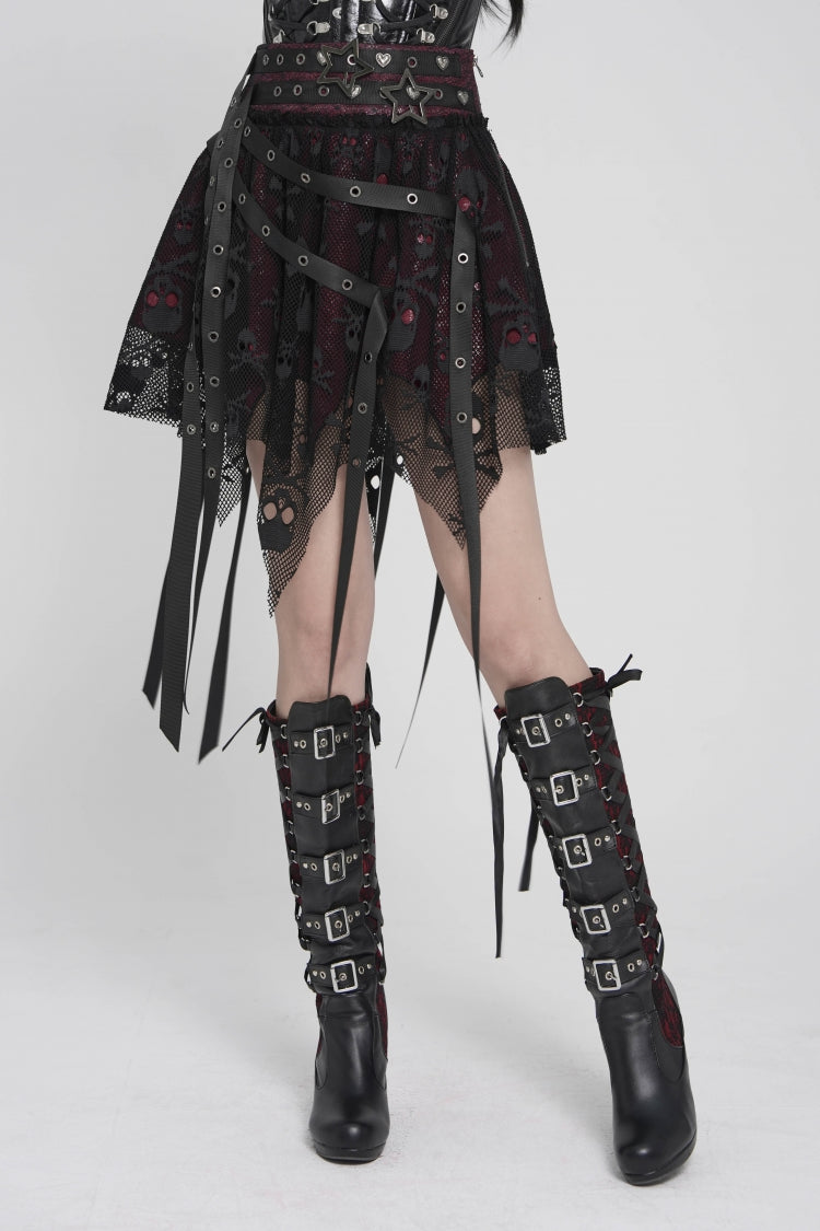 Noir & Scarlet Mesh Eyelet Laced Punk Skirt with Asymmetric Hem