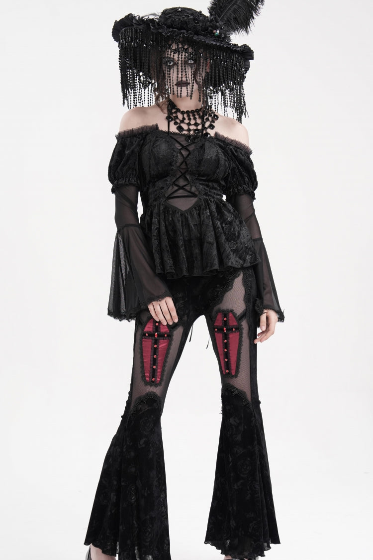 Sheer Black Hollow Lace-Up Mesh Long Sleeve Halter Gothic Blouse