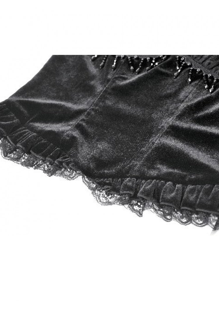Gothic Vintage Velvet Black Lace Mesh Bustier with Beaded Tassel Drops