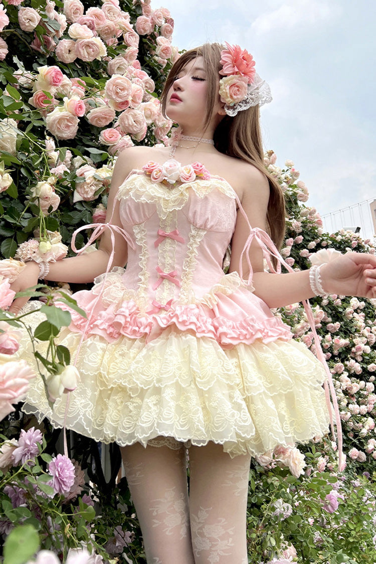 Pink Multi-Layered Ruffled Embroidered Bow Lace Sweet Lolita JSK Dress