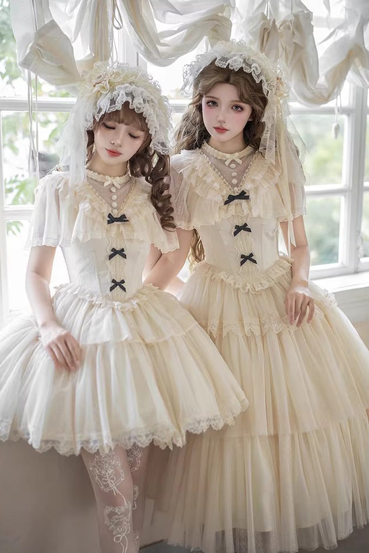 Elegant Sweet Lolita Dress with Edwardian Collar and Ruffled Bow - Ivory