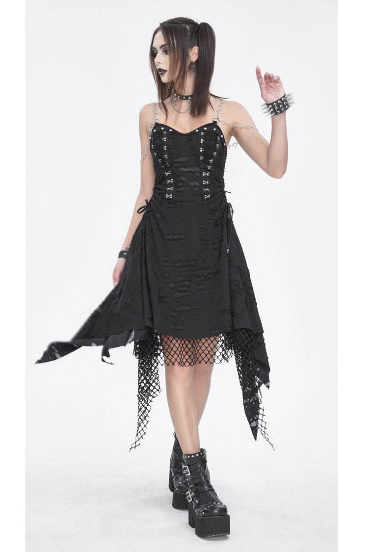 Gothic Ripped Black Lace Edgy Statement JSK Streetwear Dress