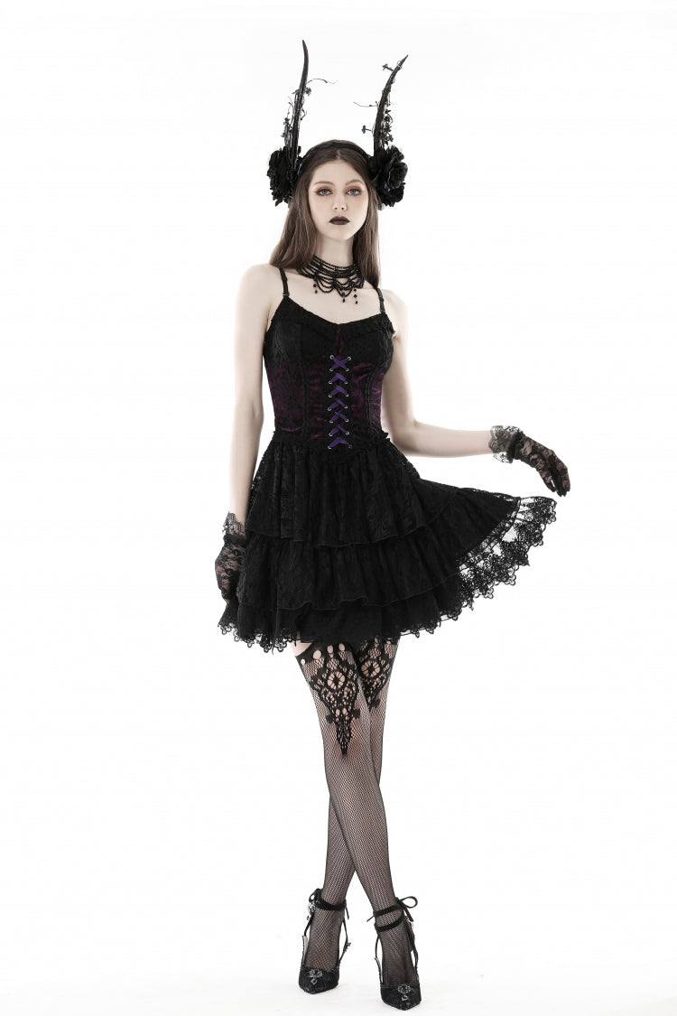 Black/Purple Multi-Layer Lace Lace-Up Gothic Dress