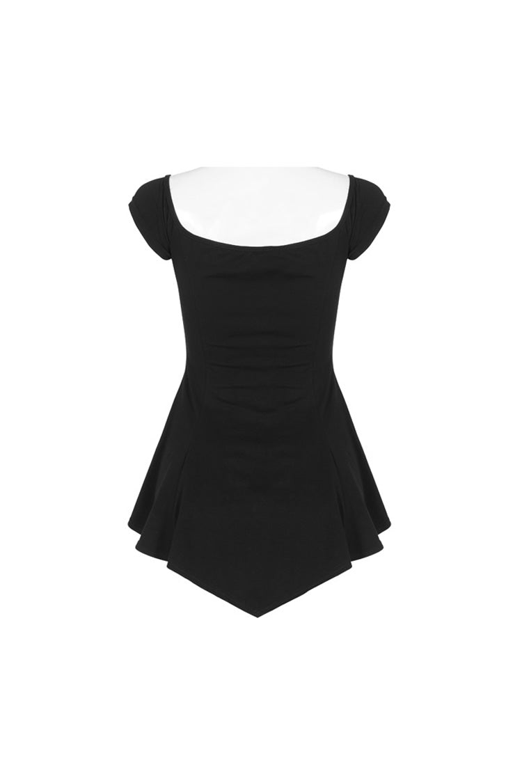 Gothic Tee with Lace Embroidery and Frilled Hem for Women