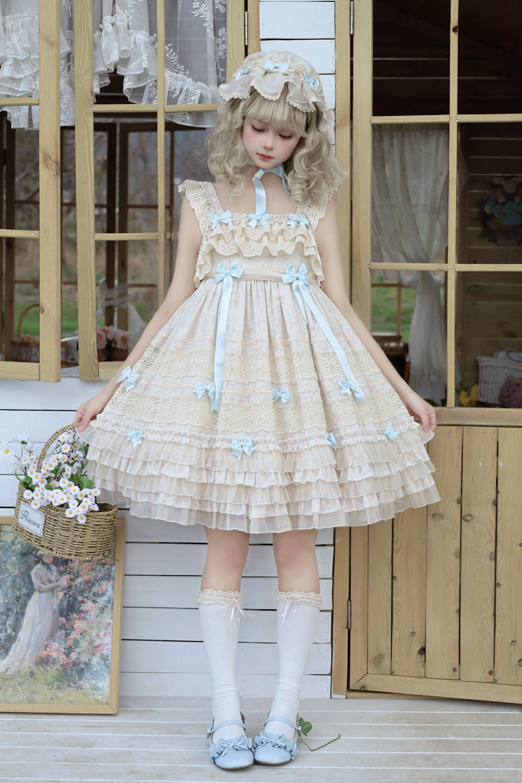 Beige Little Wind Chime Sleeveless Multi-Tiered Printed Ruffled Bow Lace Sweet Elegant Princess Lolita Jumper Dress