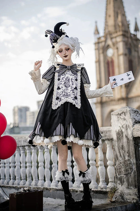 Gothic Lolita Dress Set with Ruffled Bow and Long Sleeves - Black